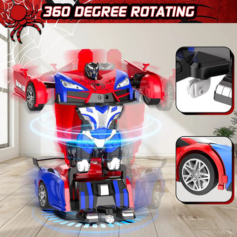 One Button Transform RC Car That Switches To Rad Robotic Mode Two Point Four Ghz Remote 360 Degree Spin And Drift Police Car With Lights One Eighteen Scale Transform Toy For Boys And Girls Ages Six To Twelve showcasing robotic mode indoors.