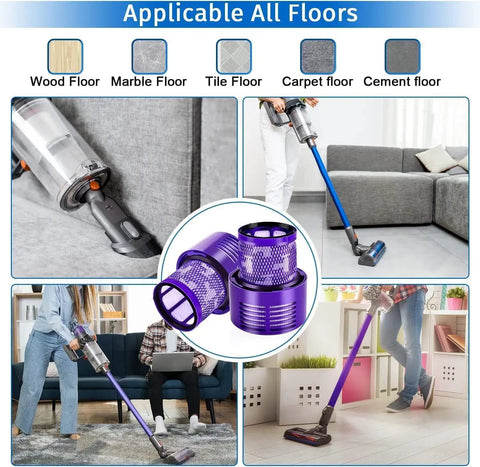Collage showing 3 Pack SV12 V10 Vacuum Filters For Dyson V10 Animal Absolute Total Clean Cyclone Cordless Vacuum on various floors.