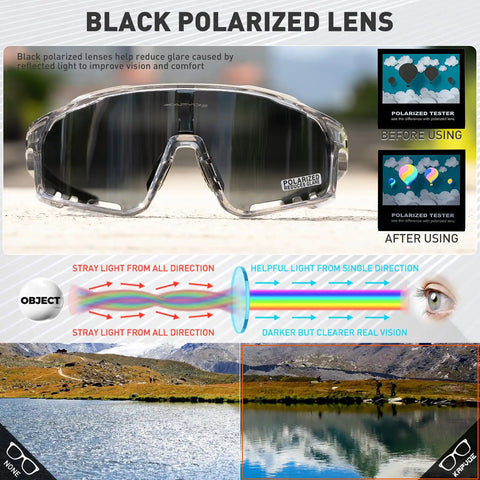 Polarized Cycling Glasses for Men and Women With 3 Interchangeable Lenses, UV400 Protection, TR90 Frame featuring black polarized lens