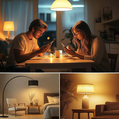 A19 LED Light Bulbs 100W Equivalent, 14W, 2700K Soft White lighting a home kitchen and bedroom setting