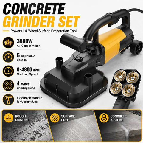 Industrial Grade 3800W Copper Motor Concrete Grinder Kit With Four Head Design And Six Speed Control For Marble Polishing Epoxy Floors Heavy Duty Concrete Leveling In Warehouses Patios And Parking Lots, 4-wheel grinder set