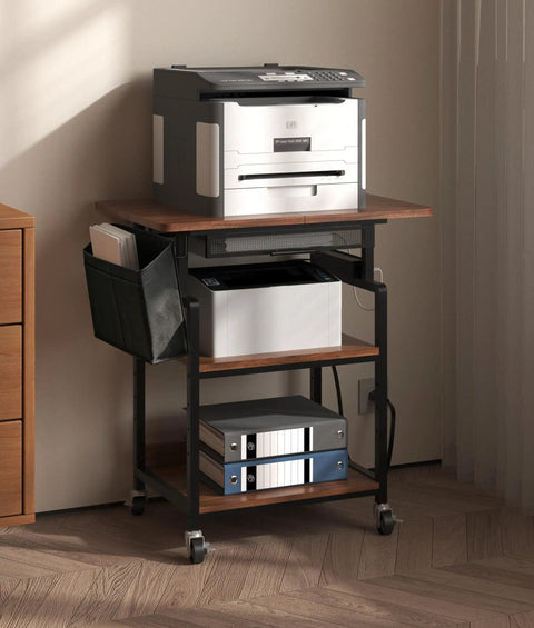 Slick Rolling Three Tier Coffee Station Cart With Built In Power Panel And Roomy Storage Shelf For Mastering Your Daily Grind And Charging Tech Without Hassle as a printer stand.