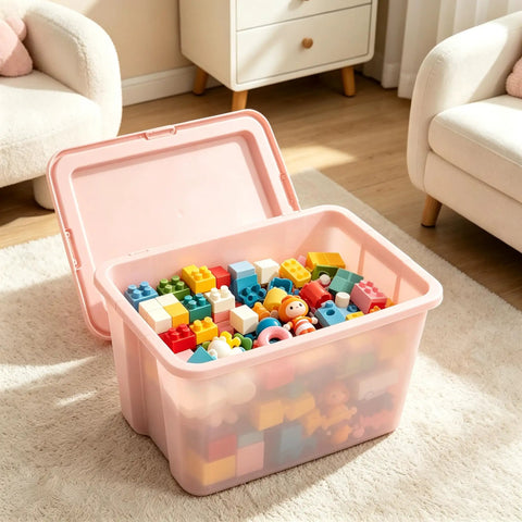 Sick Space Saver Pink Plastic Storage Bin Knocking Clutter Out With 18 Gallon filled with colorful building toys in a living room.