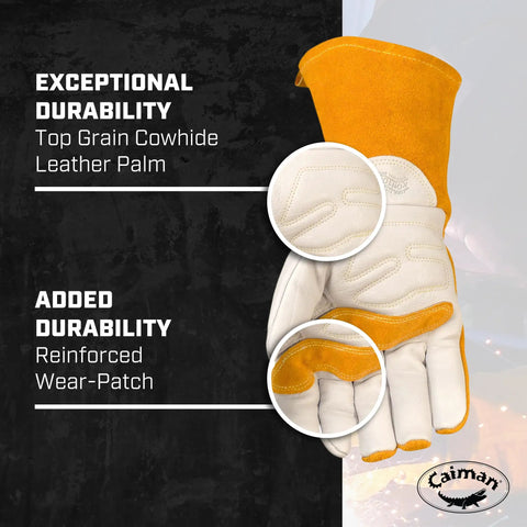 Premium Cow Grain Welding Gloves For MIG And Stick Kontour Design Cotton Fleece Insulation White And Gold Large Size