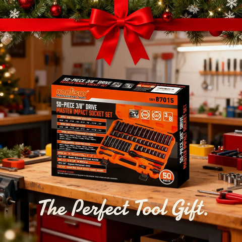 Heavy Duty 50 Piece Three Eighth Inch Drive Impact Socket Set With SAE And Metric Sizes displayed on workbench