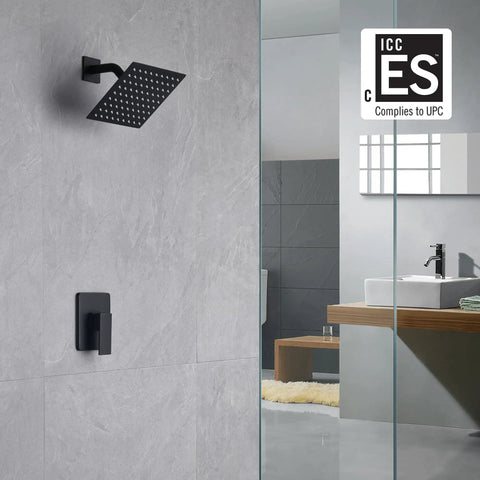 Matte Black Shower Faucet Set With 8 Inch Rain Shower Head, Single Handle Trim Kit And Rough In Valve in modern bathroom