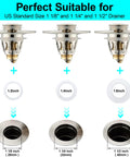 Diagram showing Brushed Nickel Pop Up Sink Stopper with Anti Clogging Strainer fitting 1.1 to 1.5 inch bathroom drains.