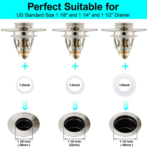 Diagram showing Brushed Nickel Pop Up Sink Stopper with Anti Clogging Strainer fitting 1.1 to 1.5 inch bathroom drains.