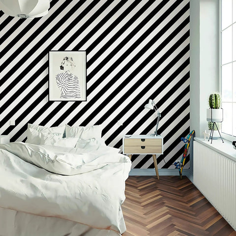 Room with Black And White Stripe Peel And Stick Wallpaper Self Adhesive Removable Contact Paper Waterproof Vinyl for walls, modern decor.