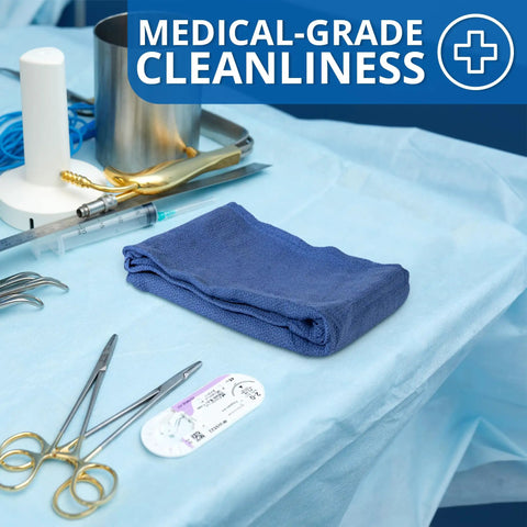 Blue Huck Towels Pack Of 12 Cleaning Rags 100 Percent Cotton Ultra Absorbent Lint Free Towels displayed on a medical tray.