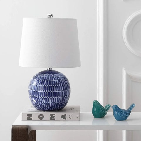 Navy Ceramic Hand Painted Scallop Sphere Table Lamp With White Linen Drum Shade For Coastal Transitional Bedside And Living Room Vibe LED Bulb Included ETL Listed 120 Volt Safe And Stylish on white tabletop