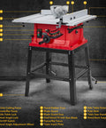 10 Inch 15 Amp Tough Job Site Table Saw With Rock Solid Stand And Push Stick For Effortless Cuts And Tight 90 Degree Cross Angles Along With Smooth 0 To 45 Degree Bevel Shift Adjustable Blade Height, showcasing cutting features and controls.