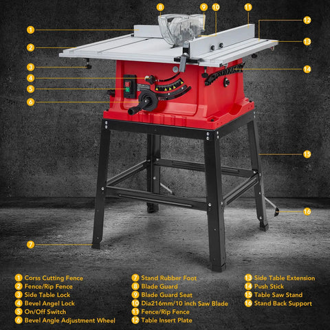 10 Inch 15 Amp Tough Job Site Table Saw With Rock Solid Stand And Push Stick For Effortless Cuts And Tight 90 Degree Cross Angles Along With Smooth 0 To 45 Degree Bevel Shift Adjustable Blade Height, showcasing cutting features and controls.