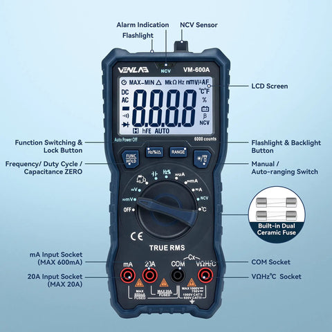 TRMS Digital Multimeter With NCV Auto Ranging VM600A 750V AC 1000V DC showing front view with detailed functions labeled