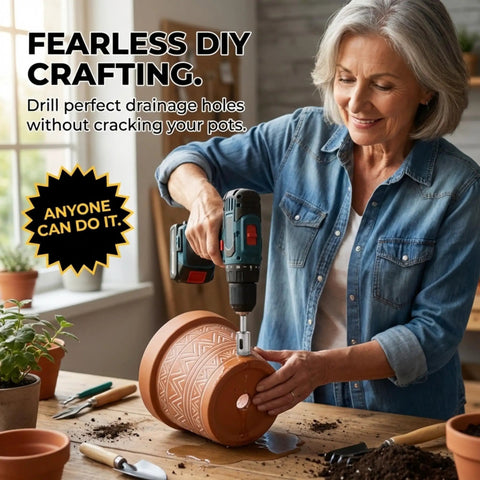 Woman using Heavy Duty 3 Piece Diamond Hole Saw Set For Porcelain Ceramic Tile And Glass Smooth Cutting Drill Bits on clay pot.