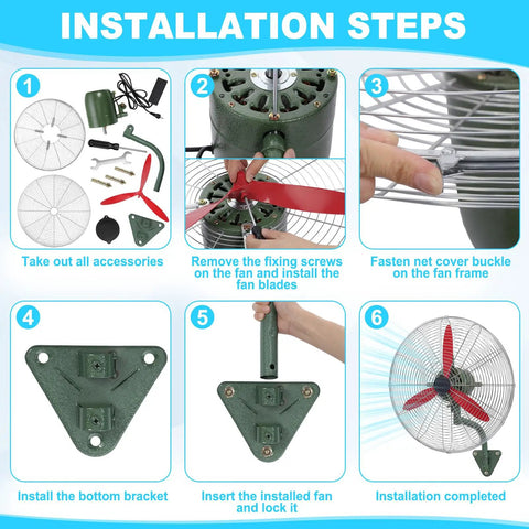 Installation steps for Tough As Nails 22 Inch Wall Mount Fan Oscillating Speckled Green with metal blades and bracket.