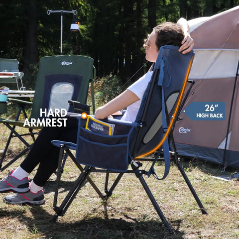 Oversized Folding High Back Lawn Chair for Adults With Cup Holder, Carrying Strap, Hard Armrests, 400Lb Capacity, Blue in use.