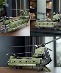 CH-47 Military Helicopter Building Set For Adults And Kids displayed on a desk, showcasing detailed exterior and rotating blades.