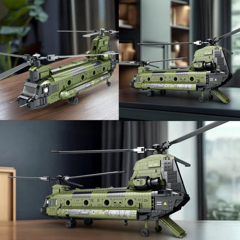 CH-47 Military Helicopter Building Set For Adults And Kids displayed on a desk, showcasing detailed exterior and rotating blades.