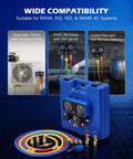 Three Way AC Manifold Gauge Set With Five Foot Hoses For R410A R32 R22 And R454B Refrigerants Includes Safety Valves Adapters Valve Core Wrench And High Accuracy 2.6 Inch Gauges For Pro Grade Diagnostics, with hoses and adapters
