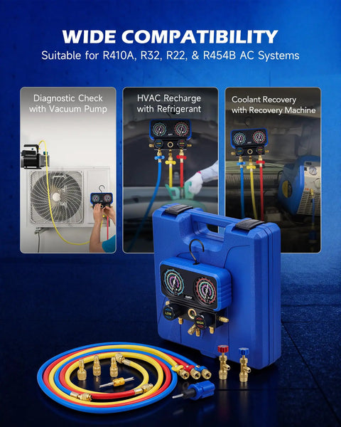 Three Way AC Manifold Gauge Set With Five Foot Hoses For R410A R32 R22 And R454B Refrigerants Includes Safety Valves Adapters Valve Core Wrench And High Accuracy 2.6 Inch Gauges For Pro Grade Diagnostics, with hoses and adapters