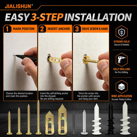 Easy 3-step installation of Do It All Drywall Anchors and Screws Kit 186 Piece Self Drilling Wall Anchor Assortment with Metal Expansion Plates Nylon Anchors and Flat Head Cement Screws for Picture Hanging Shelves and Wall Decor