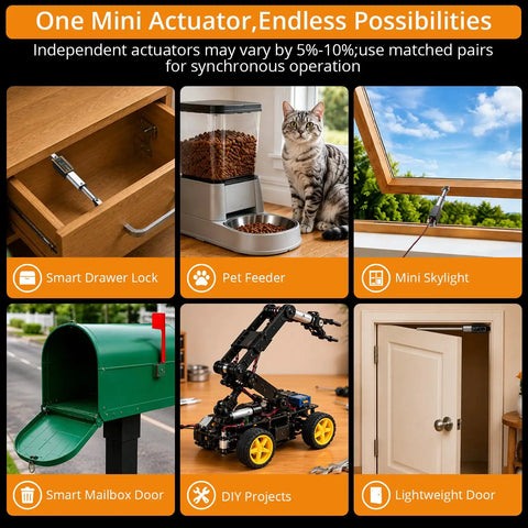 Straight Shooting 12 Volt Telescoping Linear Actuator With One Point Two Inch Stroke Delivers Six Point Seven Pound Push Thrust used in smart drawer lock and pet feeder.