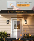 Built Tough Black Motion Sensor Outdoor Wall Light With Dusk Till Dawn Auto Sense And Built In Two Electrical Outlets For Plugging Yard Gear Weatherproof Plug Ready Lighting in PC Mode with wall switch.