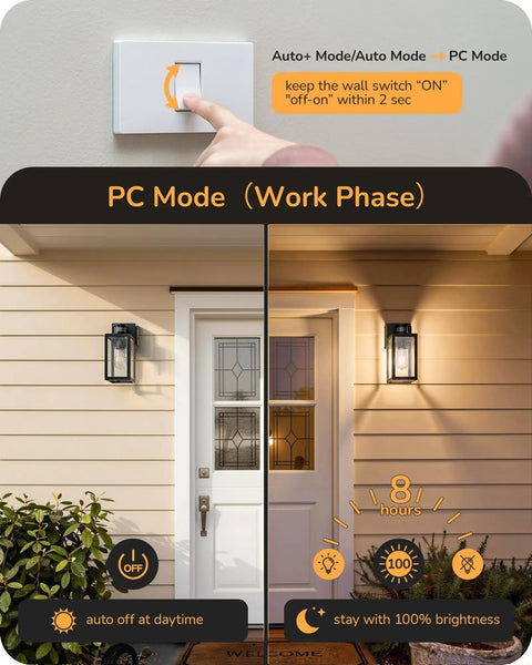 Built Tough Black Motion Sensor Outdoor Wall Light With Dusk Till Dawn Auto Sense And Built In Two Electrical Outlets For Plugging Yard Gear Weatherproof Plug Ready Lighting in PC Mode with wall switch.