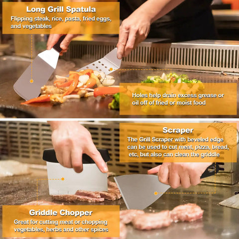 Chef using Ultimate 29 Piece Griddle Accessories Kit For Blackstone And Camp Chef with spatulas and scraper on grill.