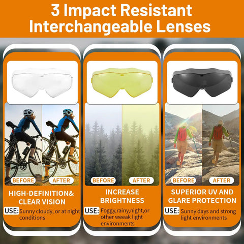 3 interchangeable lenses for OTG Safety Goggles Over Glasses For Wearers, ANSI Z87.1, showing high-definition, brightness, and UV protection