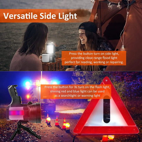 Ultra Bright 120000 Lumen LED Spotlight with 10000mAh rechargeable battery, featuring a side light mode for versatile use in camping settings.