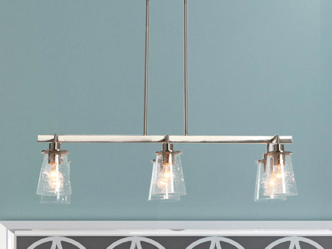 Six Light Industrial Linear Chandelier With Seedy Glass Diffusers In Brushed Nickel Finish, Edison Bulbs Recommended