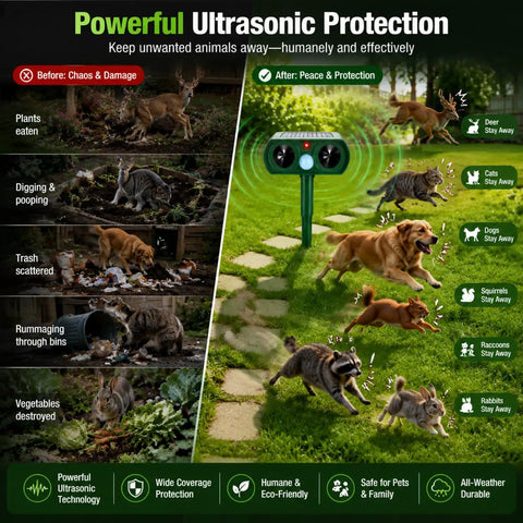 Two Pack Solar Ultrasonic Animal Repeller For Garden Outdoor Waterproof IP65 Motion Sensor Deterrent, green stake in lawn