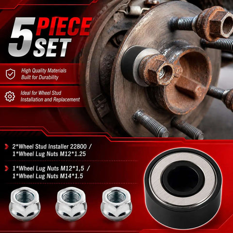 Heavy Duty Wheel Stud Installer Kit With 3 Type Hex Lug Nuts For Fast Car Repair OEM Standard Tool To Install New Auto Parts Safely Without Stripping Threads. 5-piece set with wheel stud and M12/M14 lug nuts on brake hub