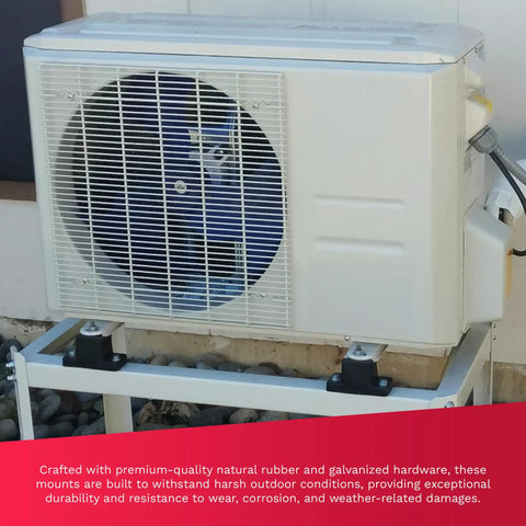 Heavy Duty Natural Rubber Anti Vibration Mounts For Ductless Mini Split Condensing Unit With All Stainless Steel Hardware Pack Of Four For Killer Shock Absorption installed under outdoor compressor.