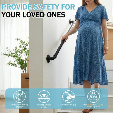 Built Like A Tank 3Ft Metal Industrial Stair Railing With Heavy Duty Black Powder Coated Finish Rust Proof Handrail Support For Indoor Outdoor Workspaces And Country Charm used by a pregnant woman for safety on stairs.
