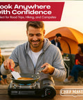 Man cooking on Portable Butane Camping Stove With Piezo Ignition And 7650 BTU Output near tent with friends in background