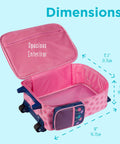 Stephen Joseph kids rolling luggage pink suitcase with blue wheels and floral side panel, open interior