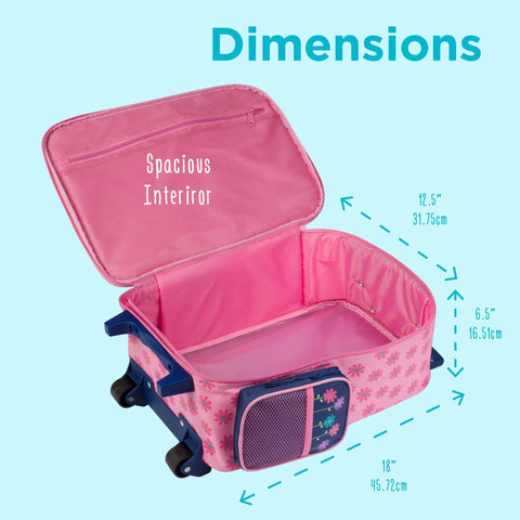 Stephen Joseph kids rolling luggage pink suitcase with blue wheels and floral side panel, open interior