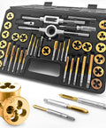 40 Piece Metric Tap And Die Set With Titanium Coated GCr15 Bearing Steel, T Handle Wrench, Gauge, Screwdriver, And Storage Case