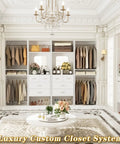 100 Inch Walk In Closet System With Deep Drawers And Sleek Mirror Panels in luxury setting with organized clothing and accessories.