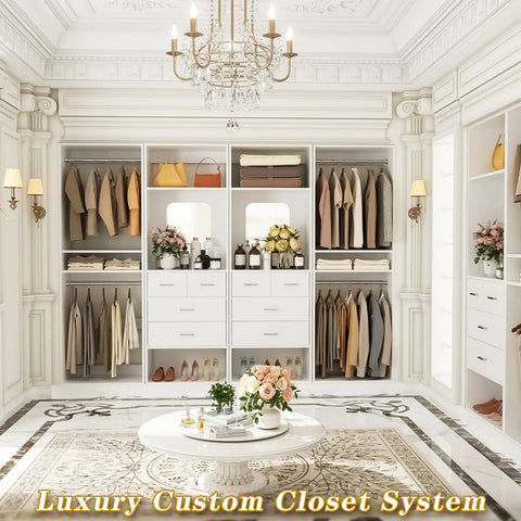 100 Inch Walk In Closet System With Deep Drawers And Sleek Mirror Panels in luxury setting with organized clothing and accessories.