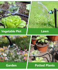 One Quarter Inch Adjustable Drip Emitter Set Of 100 For Garden Watering in use on lawn, garden, vegetable plot, and potted plants.