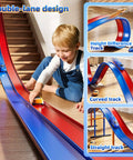 15 Ft Flexible Race Track Set For Kids Ages 3 8 With 2 Small Cars, showing child playing on red and blue track.