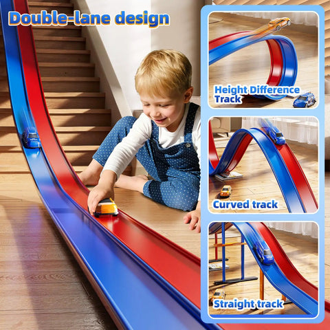 15 Ft Flexible Race Track Set For Kids Ages 3 8 With 2 Small Cars, showing child playing on red and blue track.