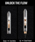 Titanium Mini Infinity Mechanical Pencil showing retractable tip feature and compact design with arrow indicators for usage.