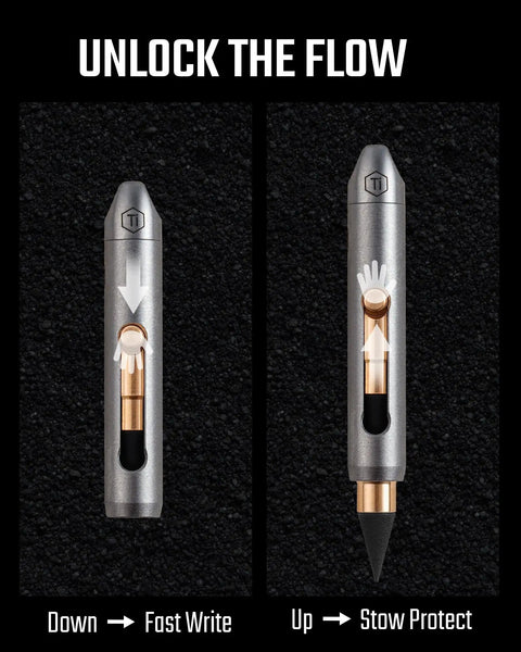 Titanium Mini Infinity Mechanical Pencil showing retractable tip feature and compact design with arrow indicators for usage.