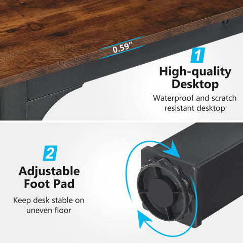 Close-up of the 0.59 inch thick MDF top and adjustable foot pad of the Extra Long 78.7 Inch Double Computer Desk For Two.