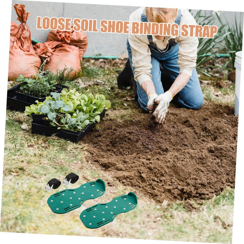 Eight Piece Lawn Aerator Shoes With Solid Metal Straps for aeration on garden lawn showing green adjustable spiked sandals.